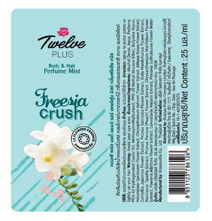 Twelve Plus Freesia Crush Mist product label ingredients barcode and packaging details