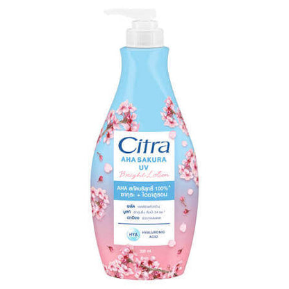 Citra AHA Sakura Lotion Bright UV Body Hyaluronic 300ml Moisturizing HYA bottle with pink cherry blossom design.