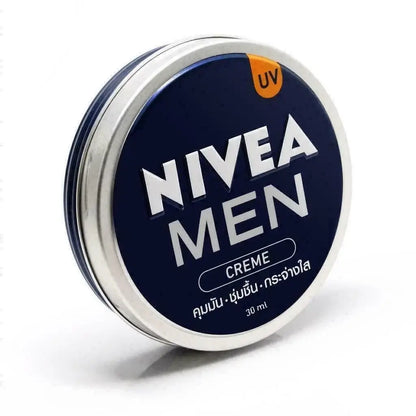 Side angle view of NIVEA MEN Creme 30ml UV non-greasy moisturizer tin