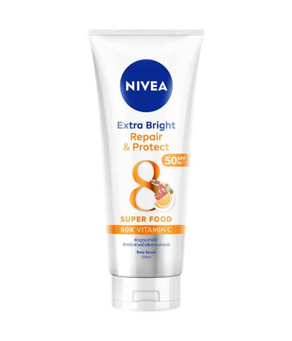 NIVEA Repair Protect Body Serum 180ml UV SPF50 with 50X Vitamin C for radiant skin in a white tube