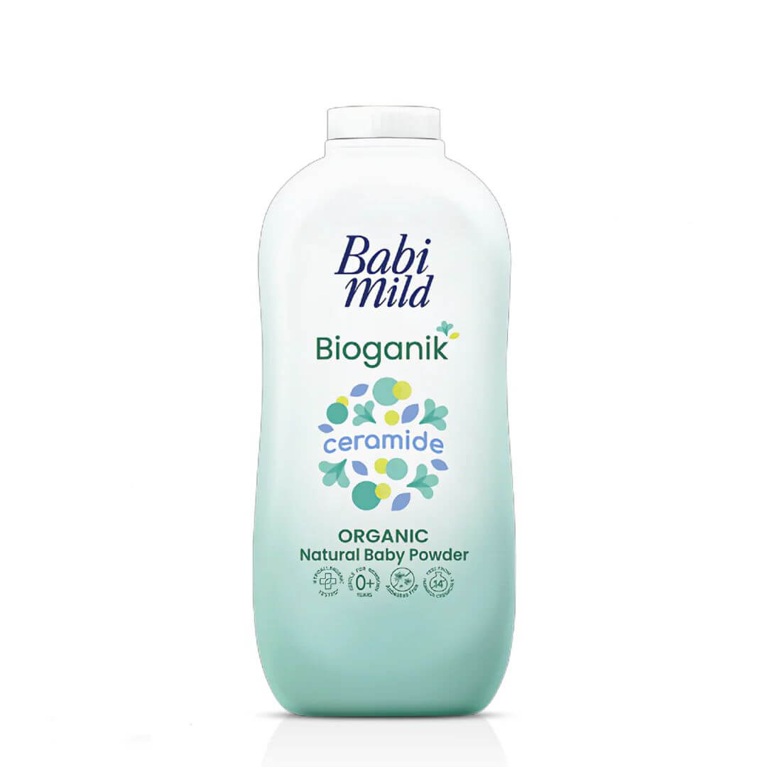 Babi Mild Bioganik Baby Powder 160g container positioned vertically showcasing the clean natural product packaging label.