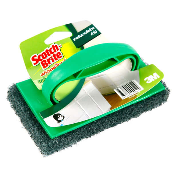 3M Scotch-Brite Scrubber green pad with handle on packaging for heavy duty cleaning tasks.