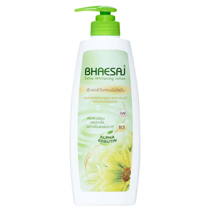 Bhaesaj Arbutin Body Lotion Extra Whitening Vitamin B3 Moisturizer bottle with floral design and pump dispenser.