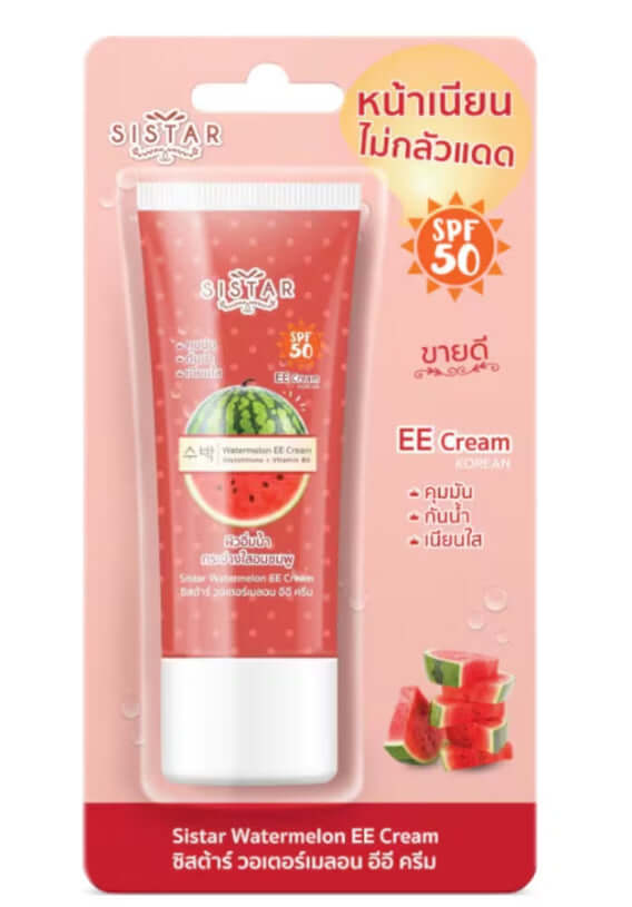Sistar Watermelon EE Cream SPF50 PA++ is shown in a tube, promoting oil control for facial sunscreen protection.