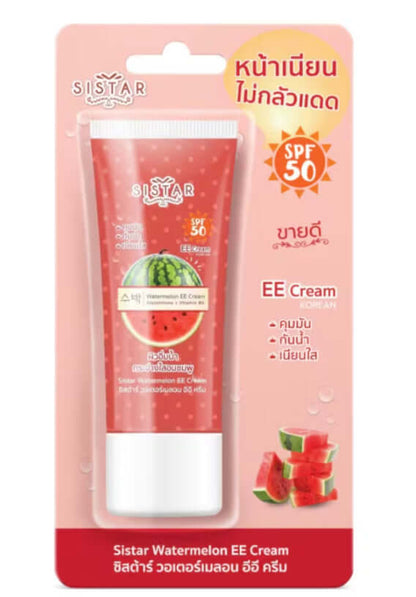 Sistar Watermelon EE Cream SPF50 PA++ is shown in a tube, promoting oil control for facial sunscreen protection.