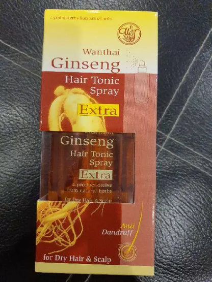 Close-up of Wanthai Ginseng Hair Tonic Spray Extra box highlighting Ginseng root