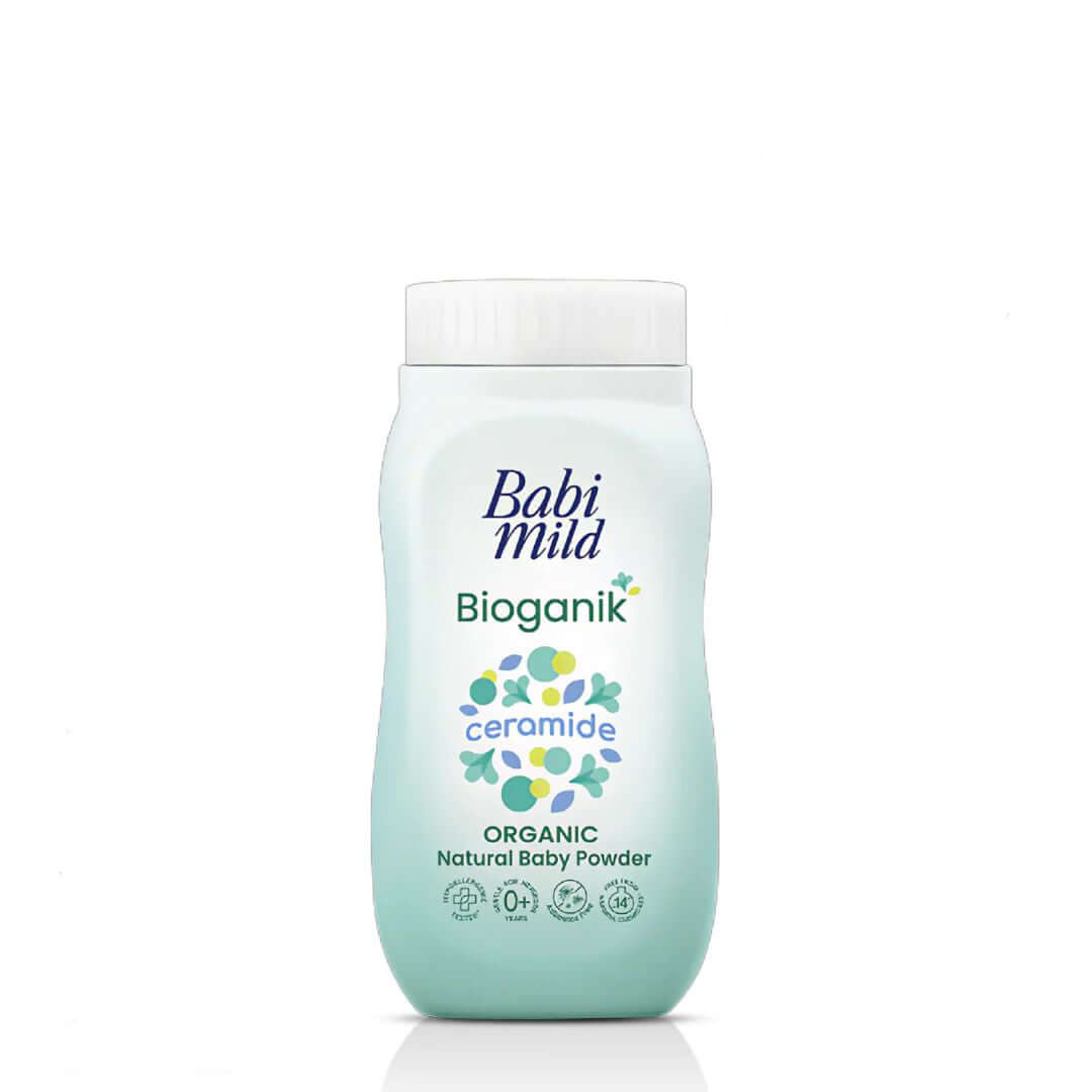 A close-up front shot of Babi Mild Bioganik Baby Powder 45g highlighting the organic natural baby powder product details.