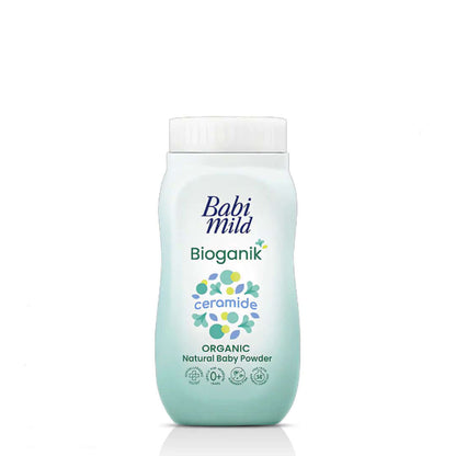 A close-up front shot of Babi Mild Bioganik Baby Powder 45g highlighting the organic natural baby powder product details.