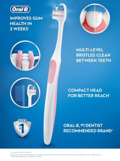 Oral B Compact Gum Care toothbrush close-up showing extra soft bristles and small head design