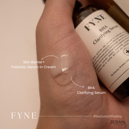 FYNE BHA Clarifying Serum texture applied on skin showing lightweight consistency