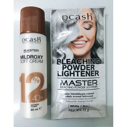 Dcash Bleaching Powder professional hair lightener with cream developer, 15g and 60ml bottles for optimal results.