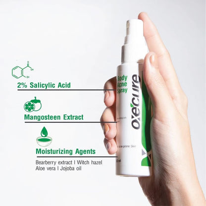 Oxe Cure Body Acne Spray 2 percent salicylic acid fast action formula close up