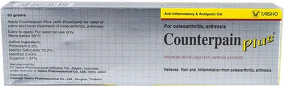Counterpain Plus Analgesic Gel close-up view of gold label highlighting Piroxicam pain relief ingredients