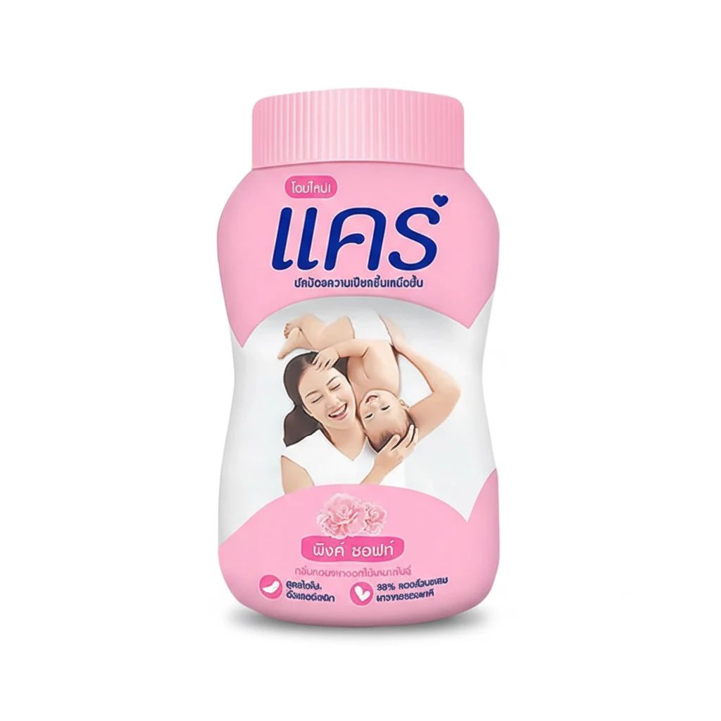 Care Baby Powder Pink Soft 50g powder bottle featuring mother and baby illustration with floral fragrance