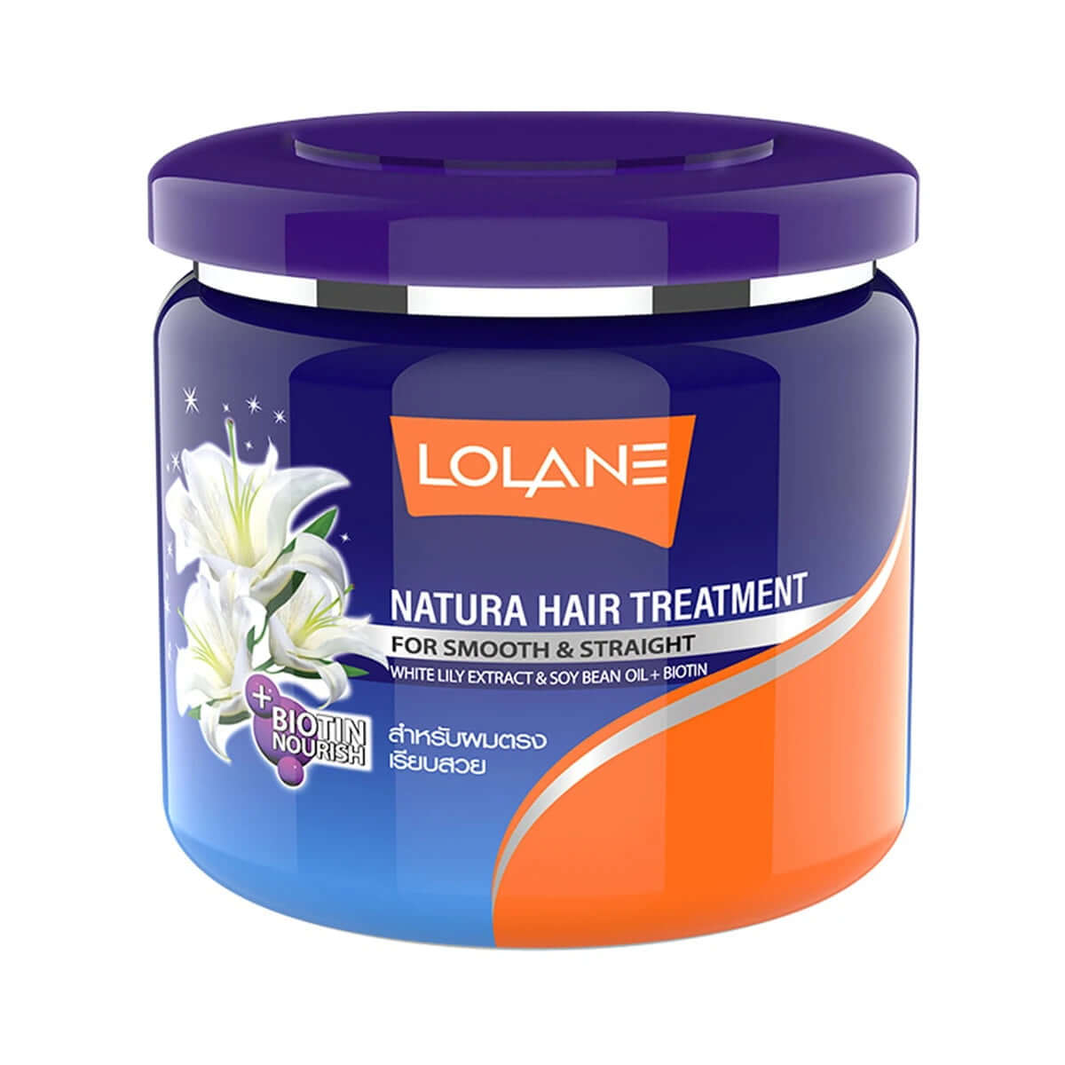 Lolane Natura Hair Treatment for Smooth and Straight - White Lily Mask packaging with Biotin Nourish.