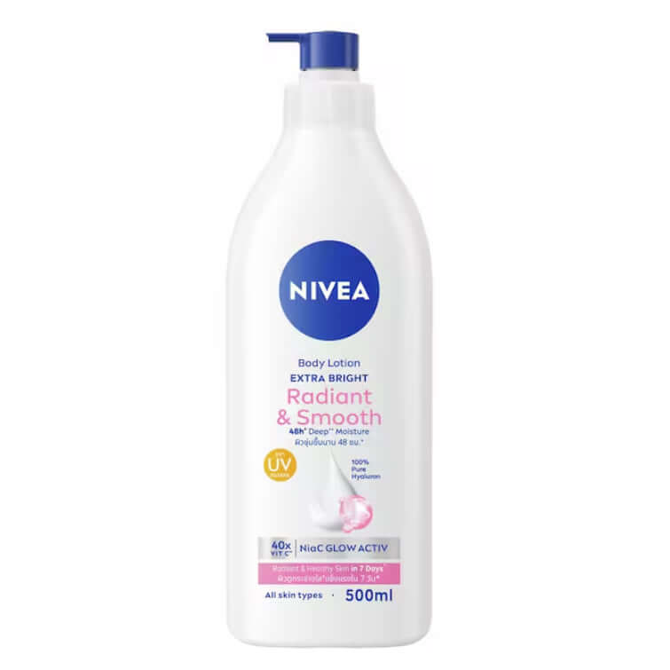 NIVEA Body Lotion Extra Bright Radiant & Smooth 500ml with UV filter for lasting hydration and radiant glow.