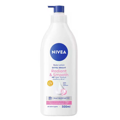NIVEA Body Lotion Extra Bright Radiant & Smooth 500ml with UV filter for lasting hydration and radiant glow.