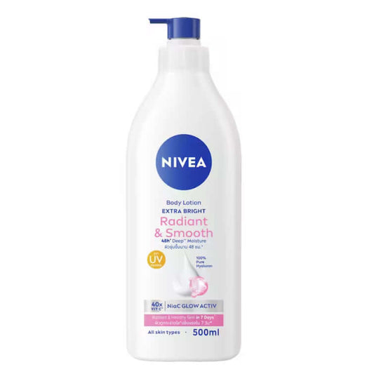 NIVEA Body Lotion Extra Bright Radiant & Smooth 500ml with UV filter for lasting hydration and radiant glow.