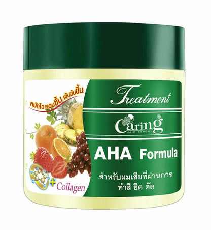 Caring AHA Hair Treatment Formula for nourishing damaged permed hair with collagen for added shine.
