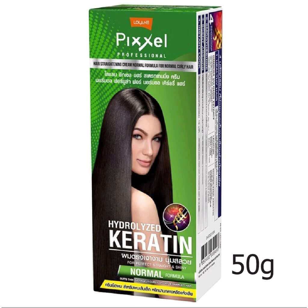 Lolane Pixxel Straightening Cream packaging showcasing smooth, straight hair with hydrolyzed keratin for normal hair type.