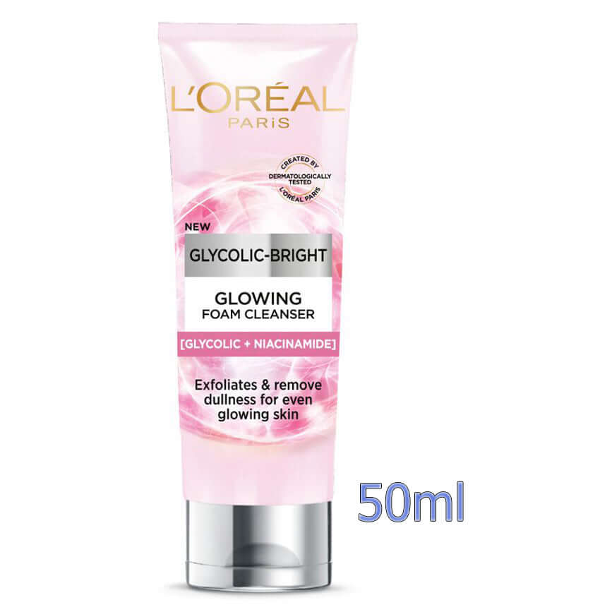 A 50ml pink tube of LOreal Glycolic Bright Cleanser daily foaming facial wash with a white text overlay indicating "50ml".