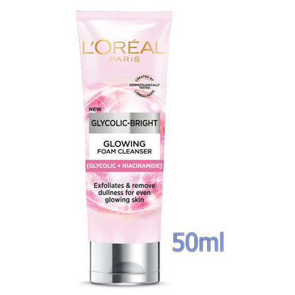 A 50ml pink tube of LOreal Glycolic Bright Cleanser daily foaming facial wash with a white text overlay indicating "50ml".
