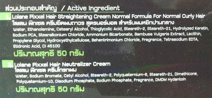 Back panel of LOLANE Pixxel Hair Straightening Cream box with instructions and ingredient details