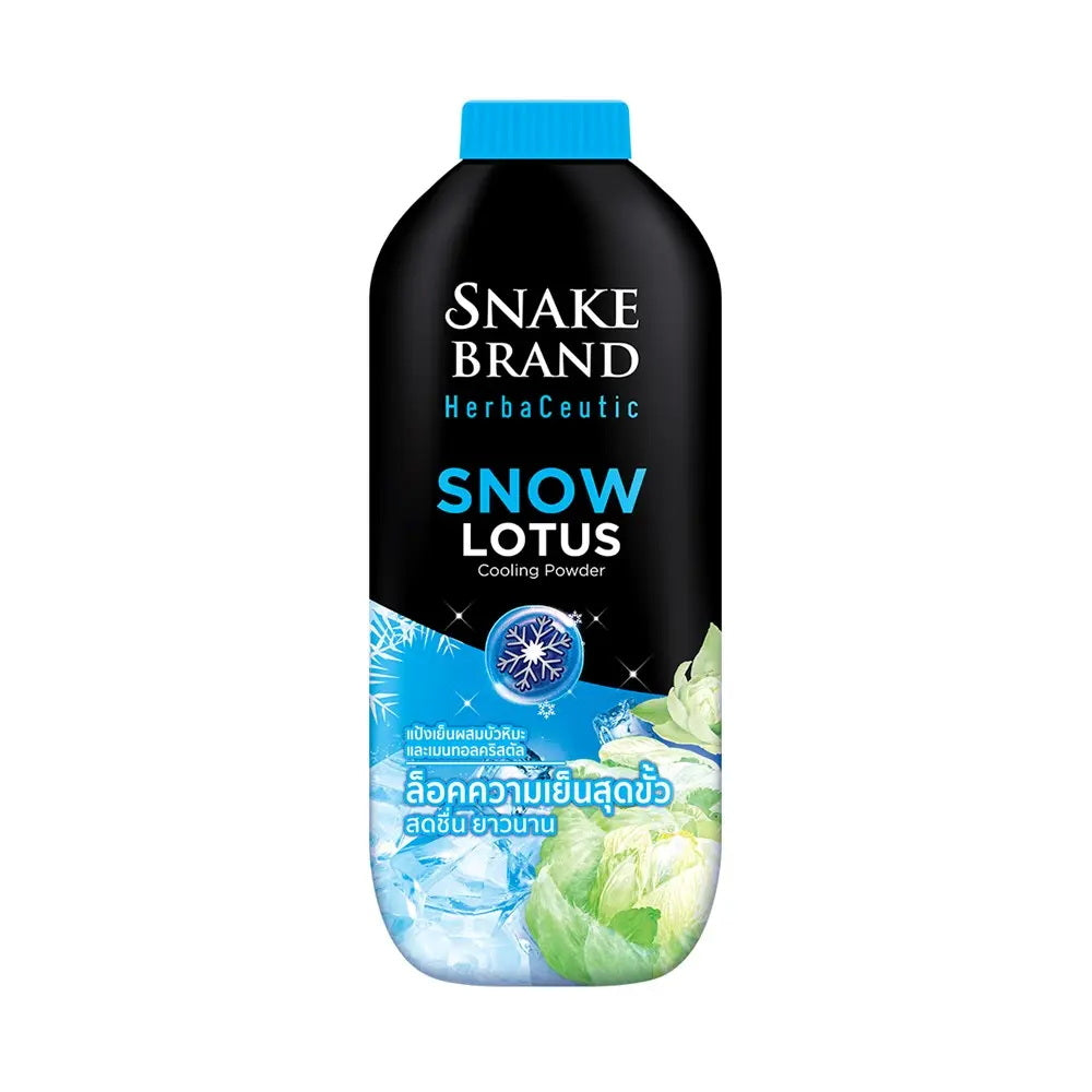 Snake brand snow lotus cooling powder product front view 250g bottle showing label design and extreme cool formula
