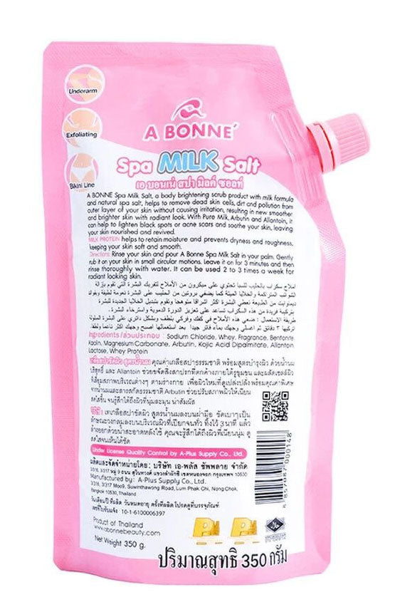 A Bonne Spa Milk Salt moisturizing body scrub package, 350g, for smooth skin with exfoliating properties.
