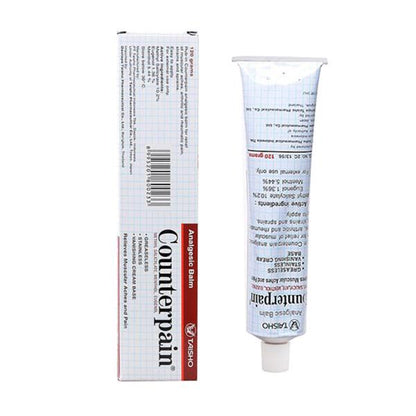 Counterpain Analgesic Balm 120g tube displayed outside the box showing ingredients and product info