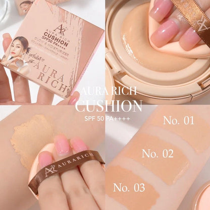 Aura Rich Cushion texture and shade swatches with No 01 02 03 comparison
