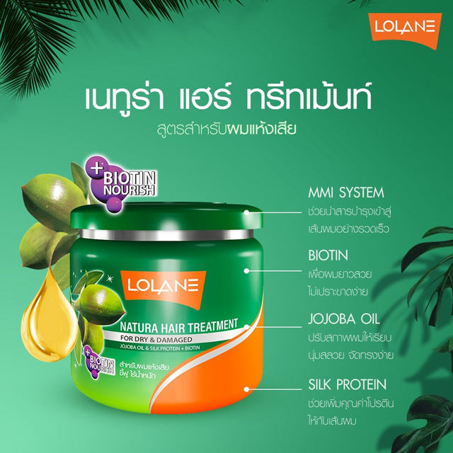Lolane Natura Hair Treatment for dry and damaged hair with jojoba oil and biotin, 500ml container.