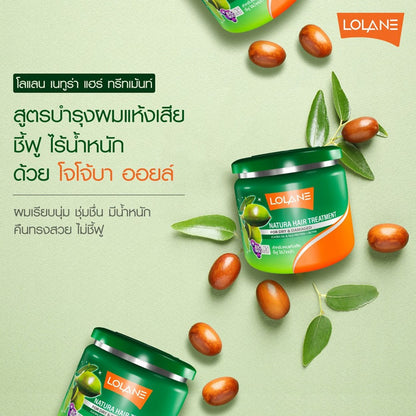 Lolane Natura Hair Treatment for dry and damaged hair with jojoba oil in a 500ml jar surrounded by natural ingredients.