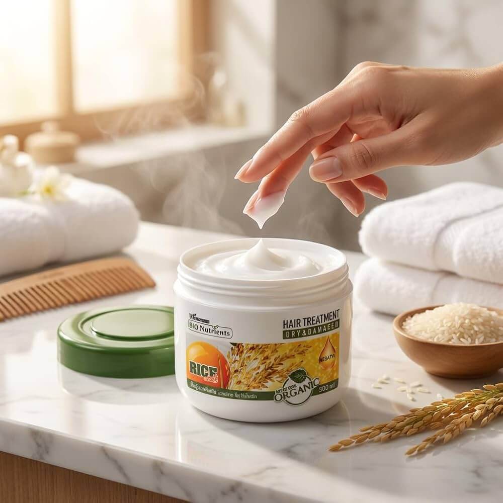 Bio Nutrients Hair Treatment with keratin and rice extract, shown in a spa setting with towels and rice.