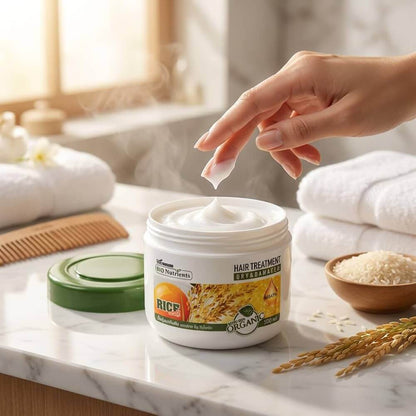 Bio Nutrients Hair Treatment with keratin and rice extract, shown in a spa setting with towels and rice.