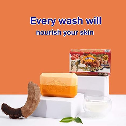 Asantee Tamarind Goat Milk Soap 125g bar with tamarind pod and goat milk, promoting skin nourishment and cleansing.