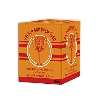 Golden Cup Balm packaging box showing Thai herbal ingredients and logo design