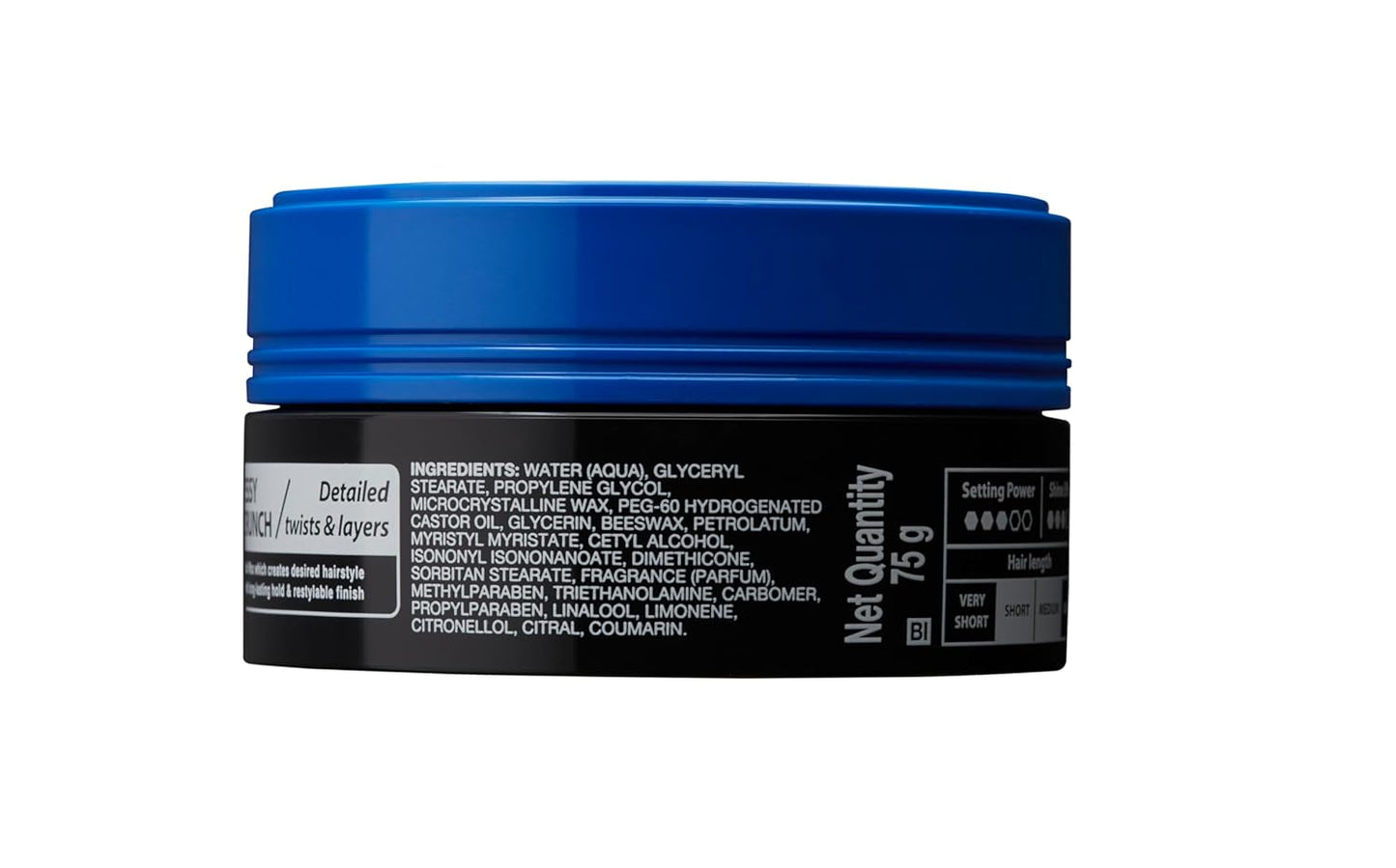 Gatsby Hard Free Wax side container view blue black hair styling wax packaging