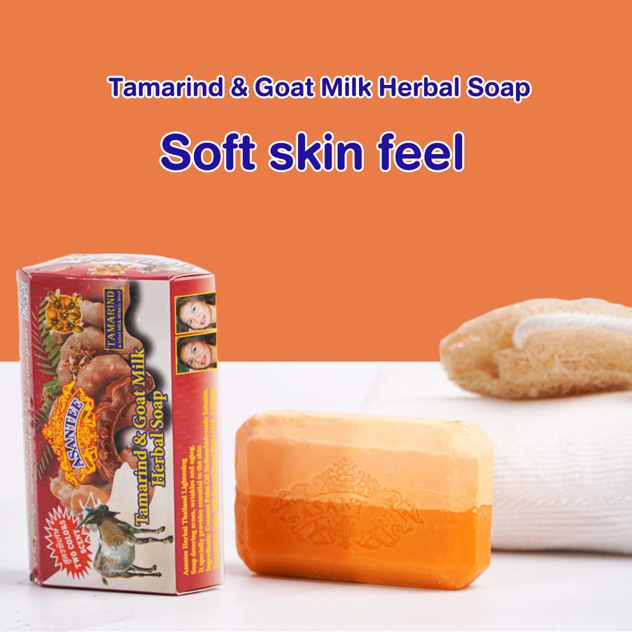Asantee Tamarind Goat Milk Soap orange and white two-tone bar shown with box on orange background
