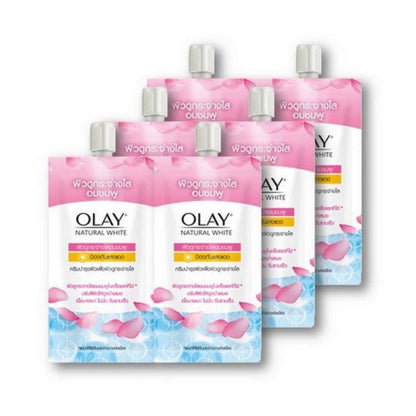 Olay Natural White Pinkish Fairness Cream sachets, 7.5g each, 6-pack for brightening and UV protection.