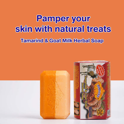 Asantee Tamarind Goat Milk Soap bar and packaging on orange background promoting anti acne and brightening care