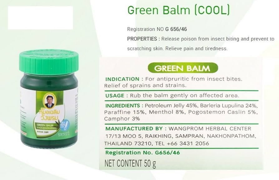  Wangphrom Green Balm product details and ingredients in Thai language