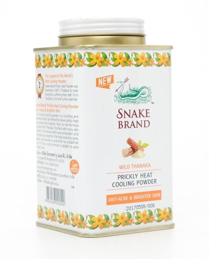 Snake brand prickly heat powder Wild Thanaka Cooling Powder back view displaying ingredients and instructions