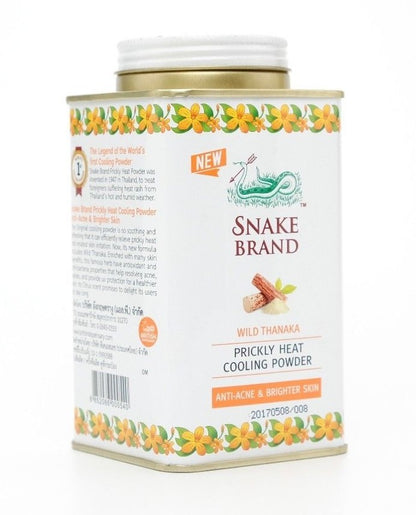 Snake brand prickly heat powder Wild Thanaka Cooling Powder back view displaying ingredients and instructions