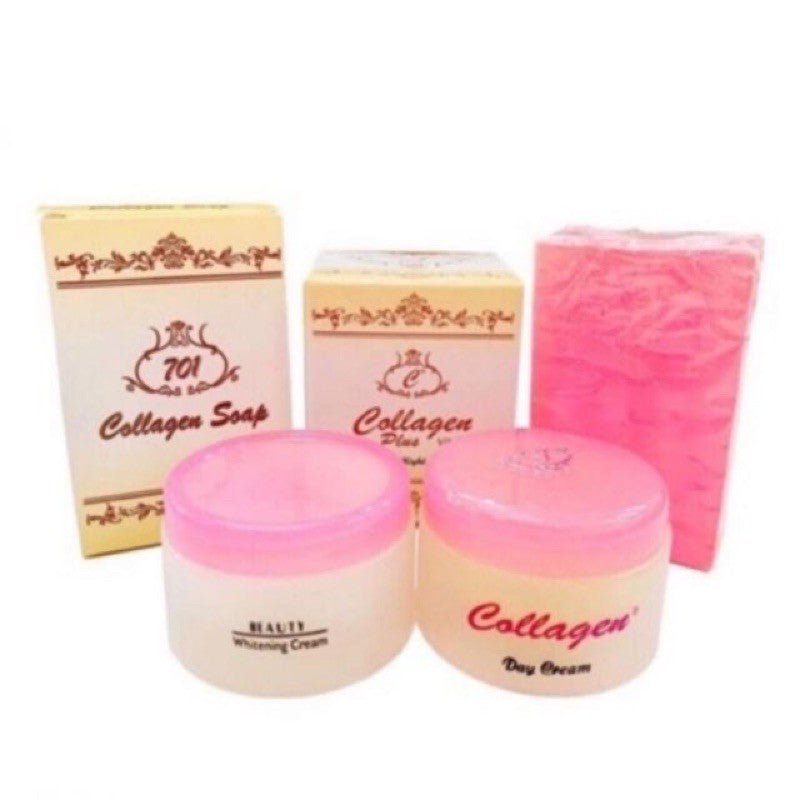 Collagen Plus Skincare Set complete kit including soap day cream night cream and pink sponge