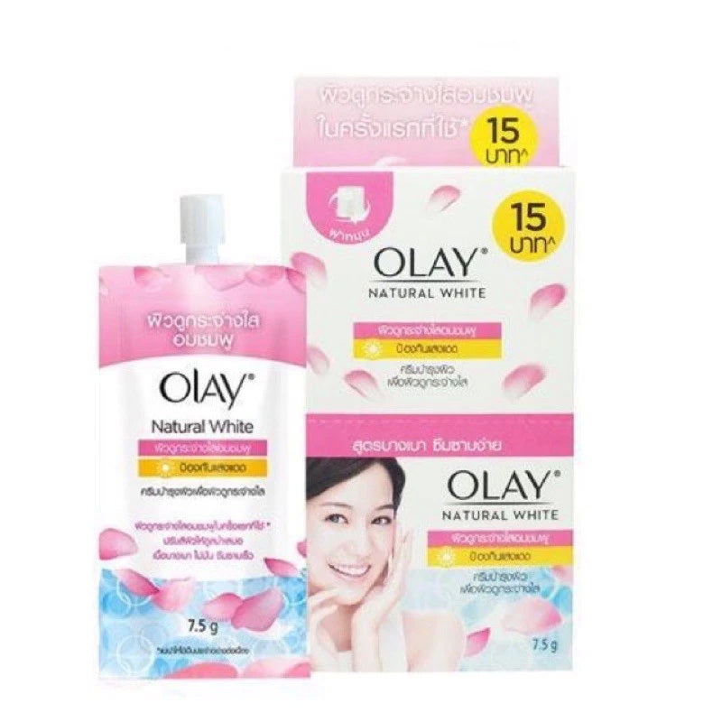 Olay Natural White Pinkish Fairness UV Protection Cream 7.5g sachet with packaging, suitable for all skin types.