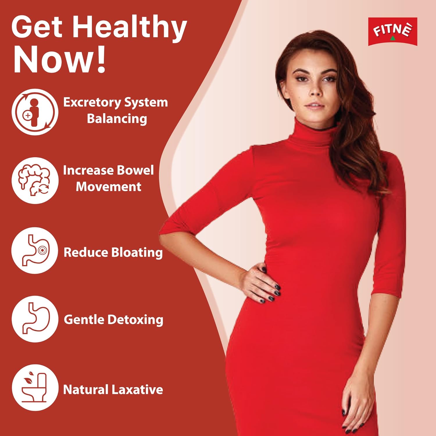 Fitne Herbal Slimming Tea 40 Bags benefits highlighted with model in red dress