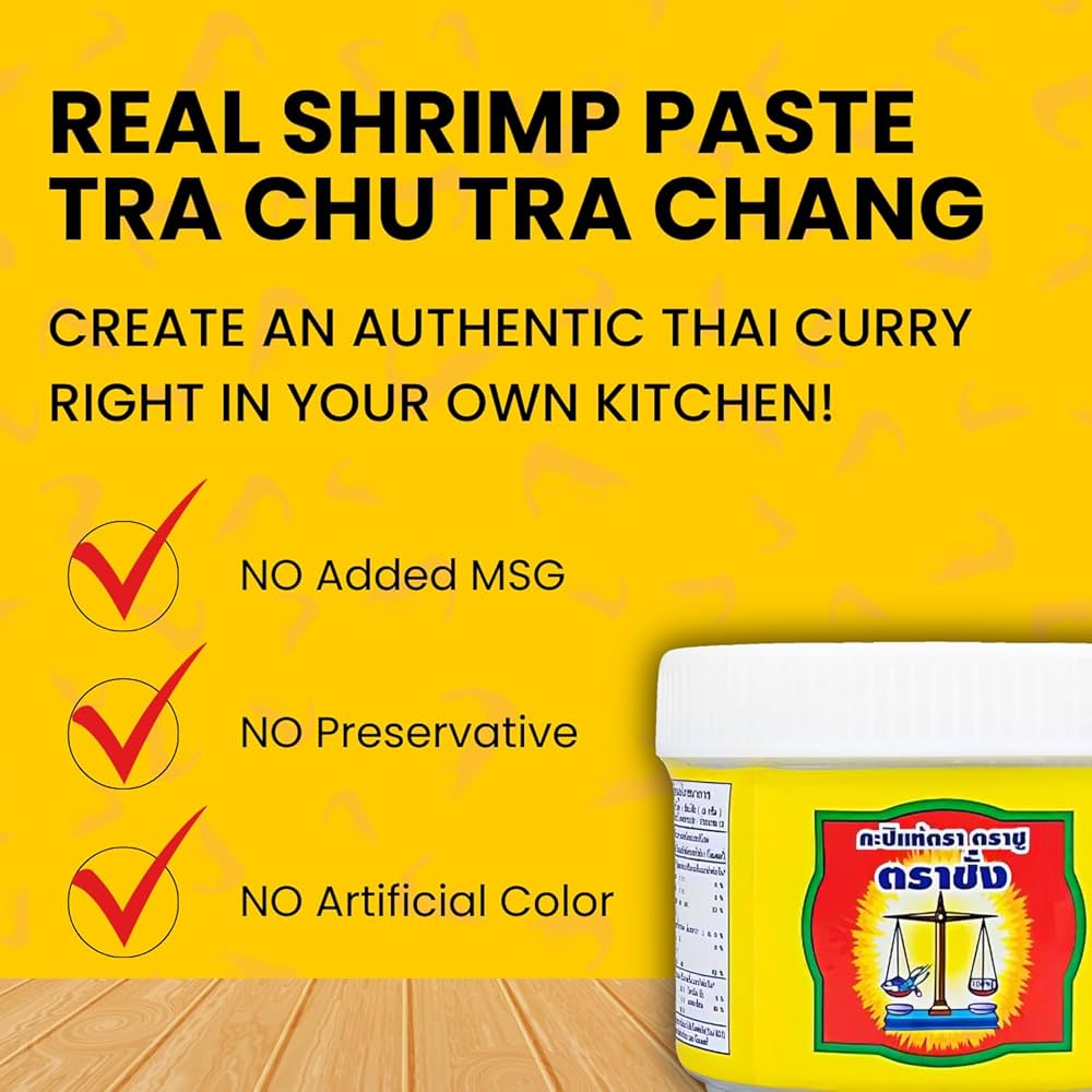 A promotional graphic with the text "REAL SHRIMP PASTE TRA CHU TRA CHANG" and a checklist of product features like "CREATE AN AUTHENTIC THAI CURRY."