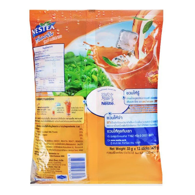 Back of Nestea Instant Thai Milk Tea Mix Powder bag with nutrition and preparation details.