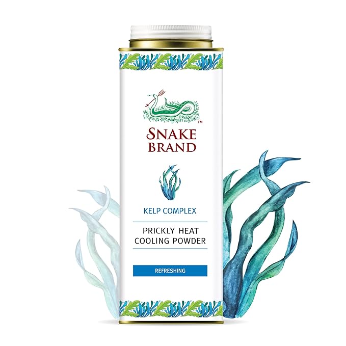 Snake Brand Prickly Heat Cooling Powder Kelp Complex packaging showing deep sea kelp illustration and refreshing formula.